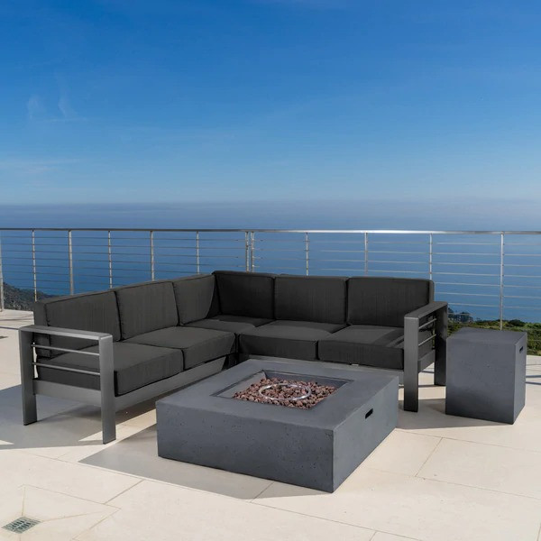 Cape Coral Outdoor Aluminum V-Shape Sectional Sofa Set with Fire Table by Christopher Knight Home - Grey + Light Grey