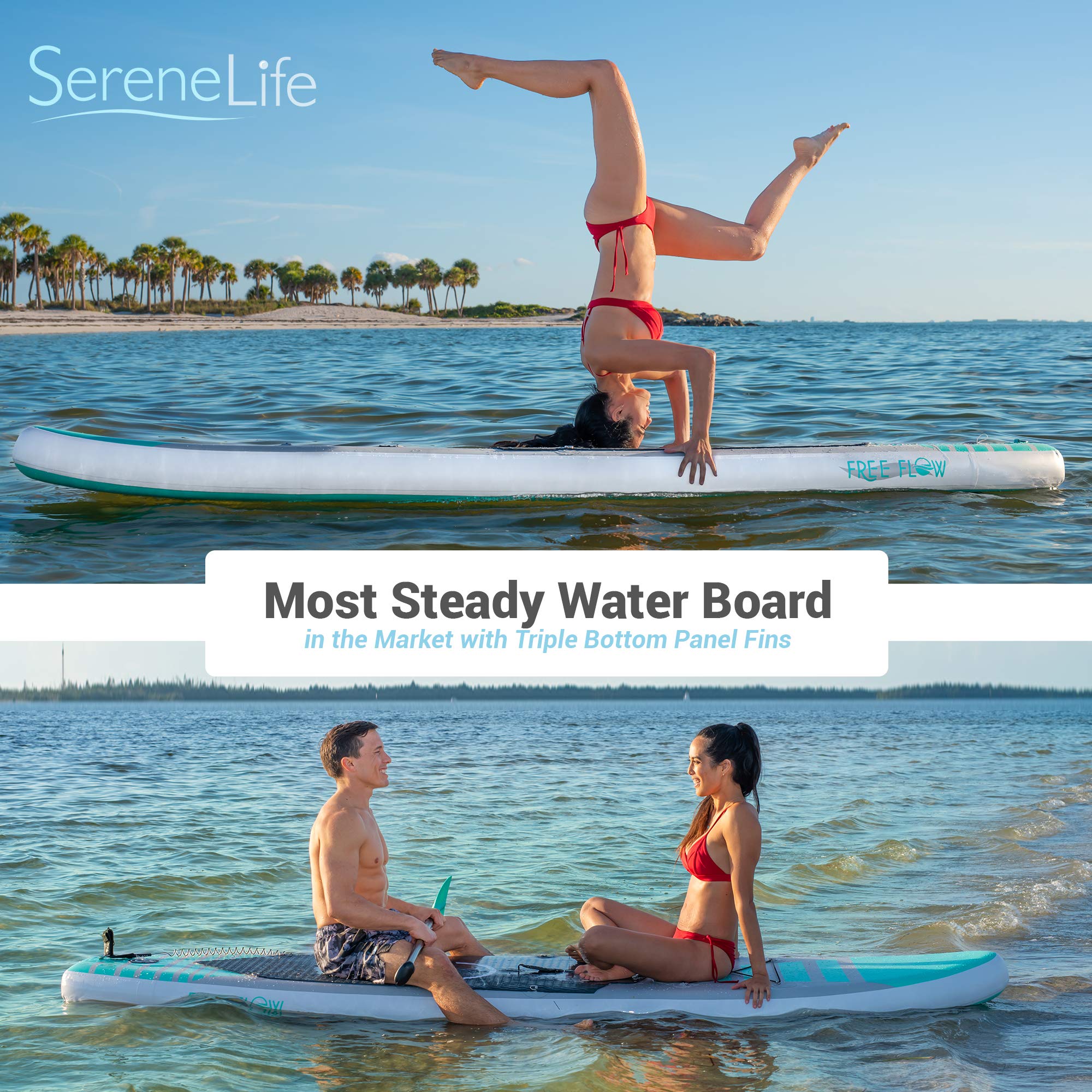 SereneLife Inflatable Stand Up Paddle Board (6 Inches Thick) Universal SUP Wide Stance w/Bottom Fin for Paddling and Surf Control | Non-Slip Deck | Youth and Adult