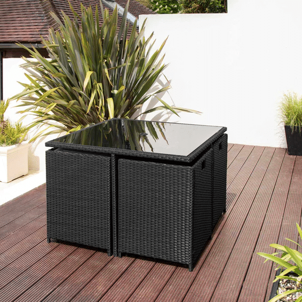 8 Seater Rattan Cube Outdoor Dining Set With Parasol - Grey Weave