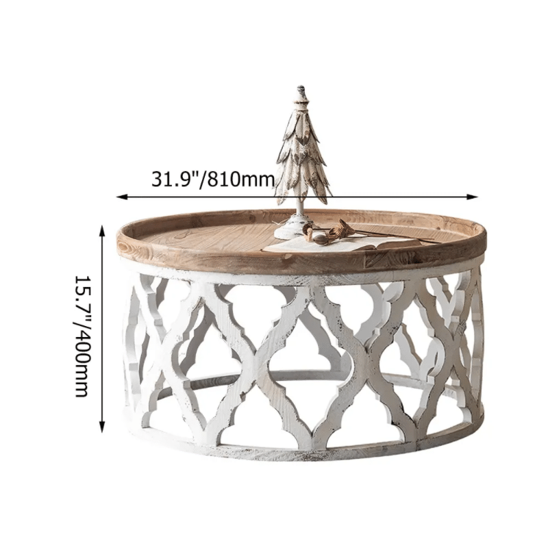 White Round Coffee Table with Tray Top Wooden Carved Accent Table (Set of Two)