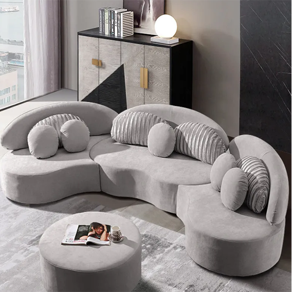 Modern 7-Seat Sofa Round Sectional Deep Gray Velvet Upholstered with Ottoman & Pillows