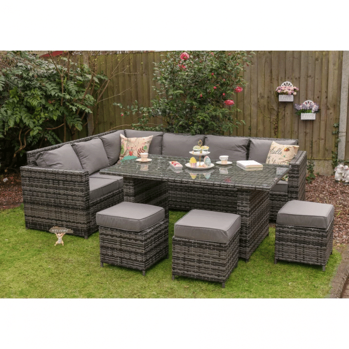 BARCELONA 9 SEATER RATTAN GARDEN FURNITURE DINING SET IN GREY