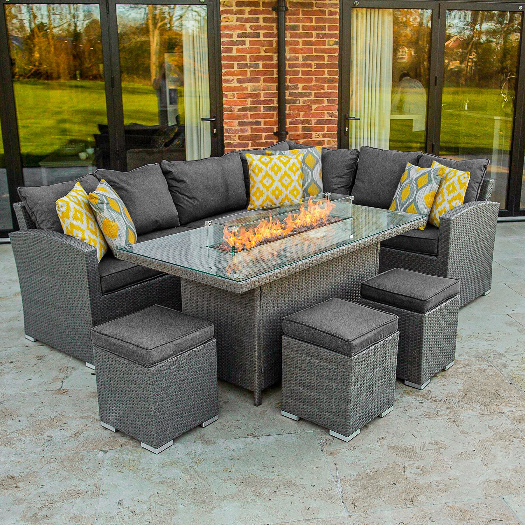 Bracken Outdoors Dakota Casual Dining Rectangular Corner Sofa Set with Firepit Table