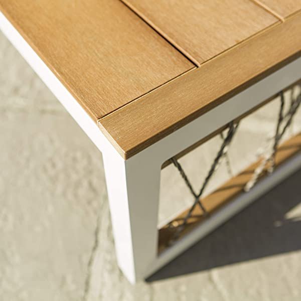 Walker Edison Harbor Modern 4 Piece Teak Wood and Metal Outdoor Modular Sectional with Knotted Rope Accents, Set of 4, White and Grey