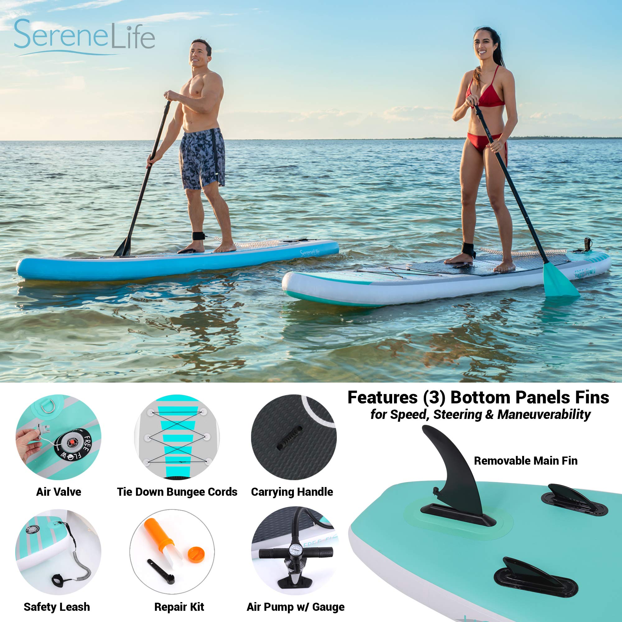 SereneLife Inflatable Stand Up Paddle Board (6 Inches Thick) Universal SUP Wide Stance w/Bottom Fin for Paddling and Surf Control | Non-Slip Deck | Youth and Adult