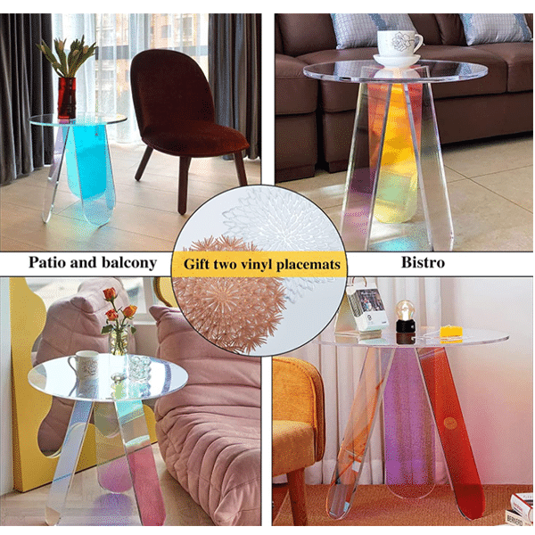Acrylic side table, clear round glass table, iridescent table can be used as plexiglass table, bedside table, coffee table and dining table