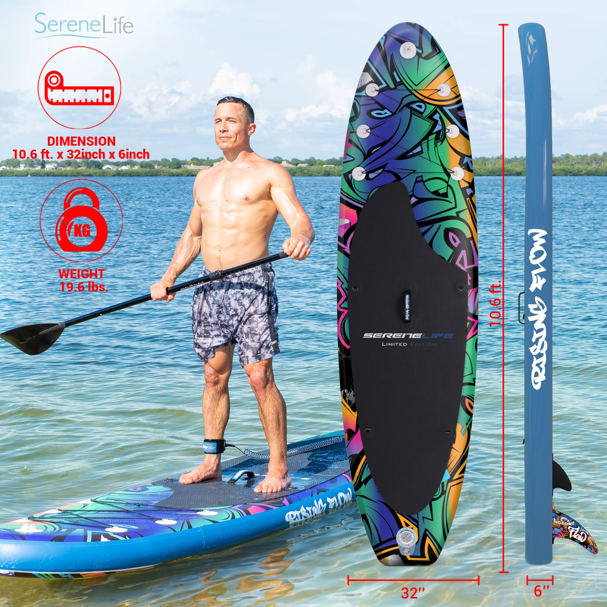 SereneLife Inflatable Stand Up Paddle Board (6 Inches Thick) Universal SUP Wide Stance w/Bottom Fin for Paddling and Surf Control | Non-Slip Deck | Youth and Adult