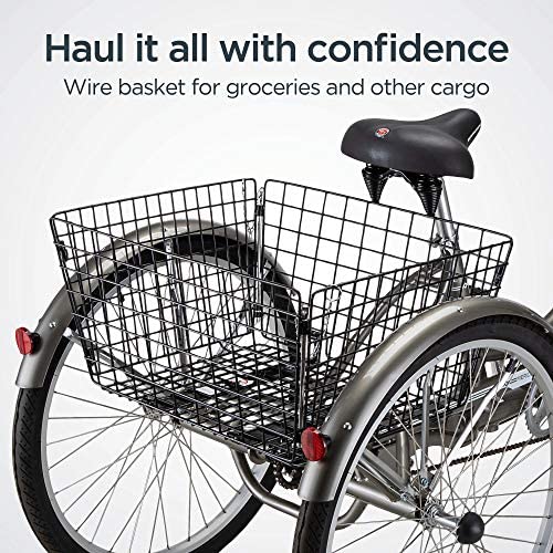 Schwinn Meridian Adult Tricycle, 24 or 26-Inch Wheel Options, Low Step-Through Aluminum Frame, Cargo Basket, Multiple Colors