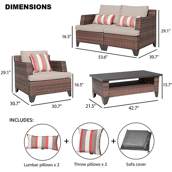 5-piece outdoor patio furniture set, wicker patio dialogue set with waterproof sofa cover, coffee table with aluminum slatted top, brown PE rattan