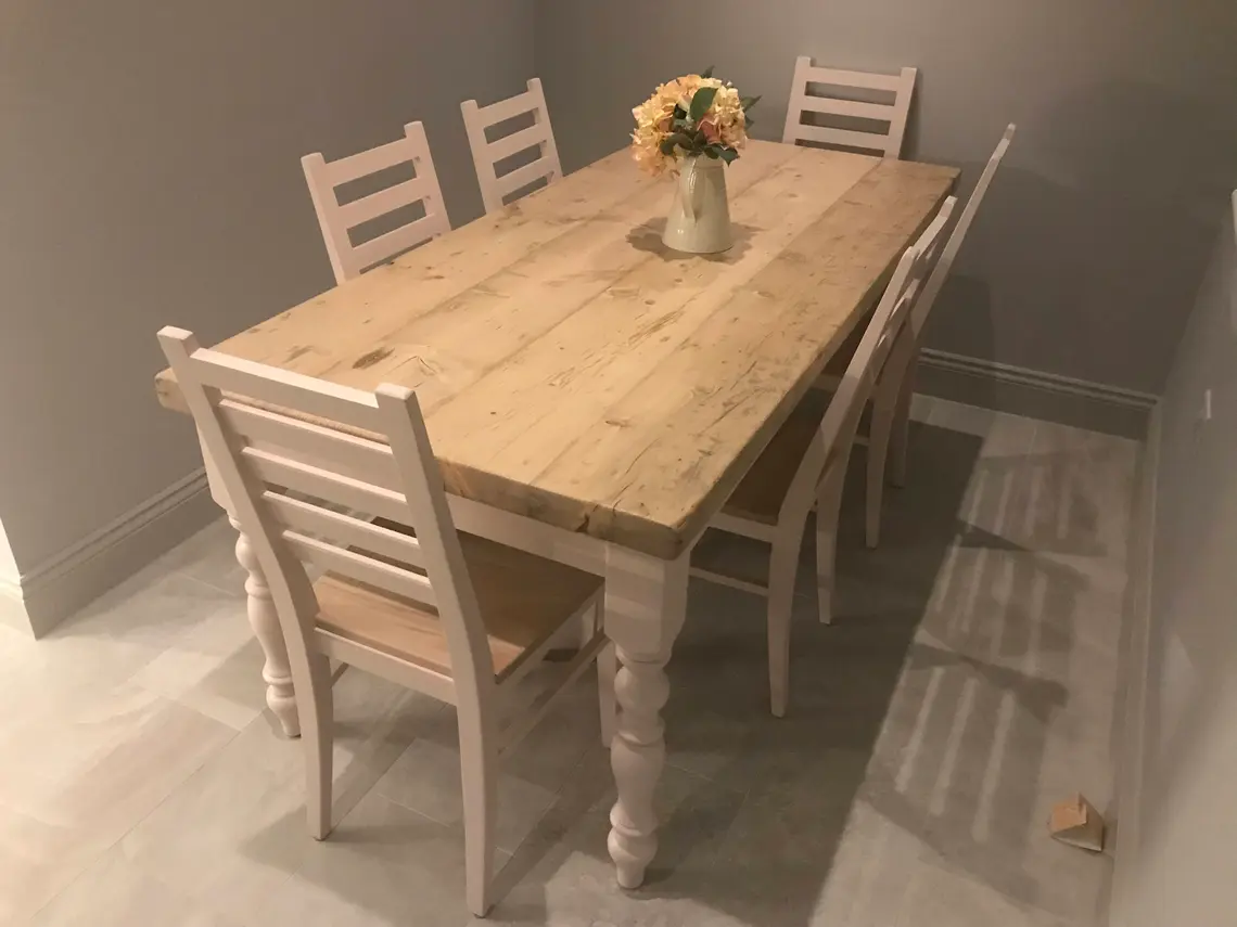 Farmhouse dining table with reclaimed wood top and 4 chairs 1.5m long x 80cm wide