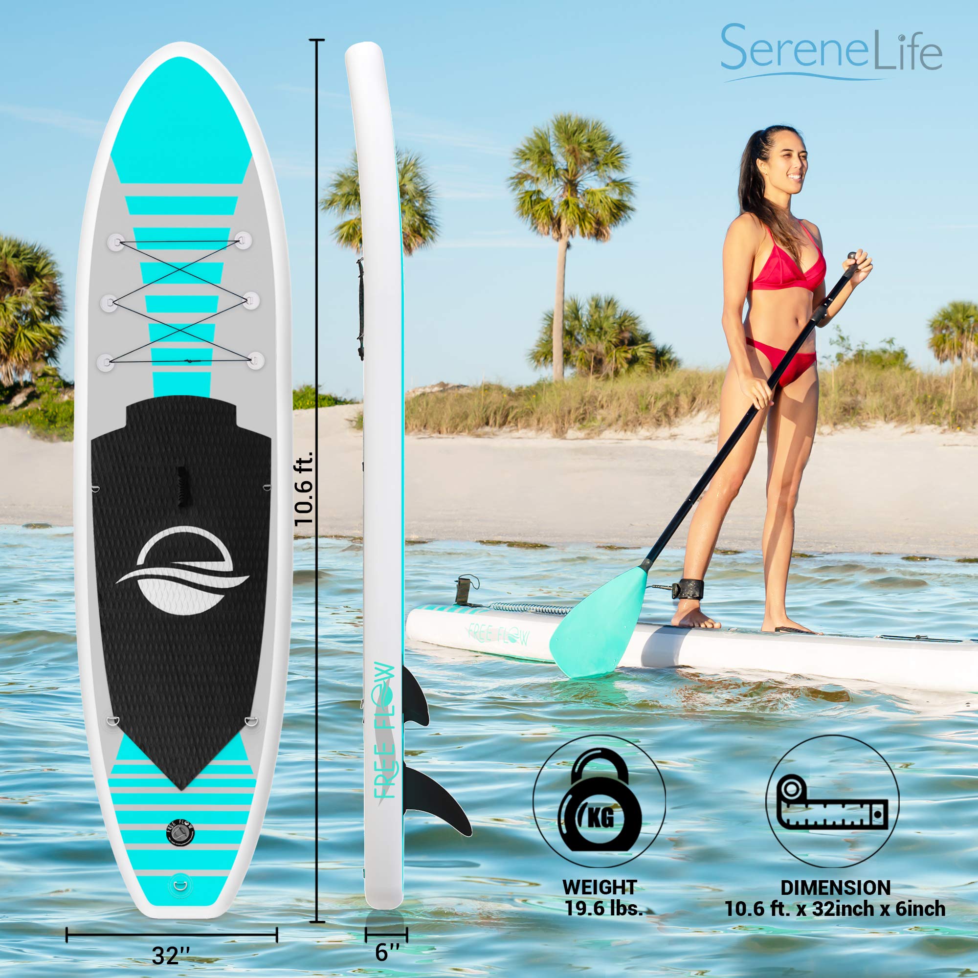 SereneLife Inflatable Stand Up Paddle Board (6 Inches Thick) Universal SUP Wide Stance w/Bottom Fin for Paddling and Surf Control | Non-Slip Deck | Youth and Adult