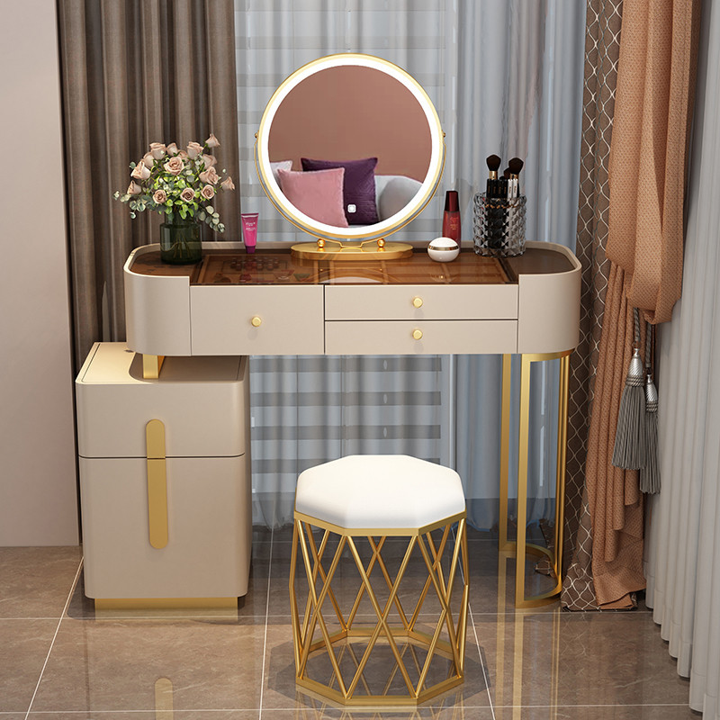 Nordic dressing table with mirror and stool for bedroom Dressing table with 3 light effect LED mirrors Golden Iron Dresser