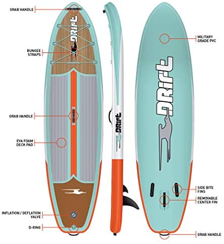 DRIFT Inflatable Stand Up Paddle Board, SUP with Paddle, Backpack Travel Bag, Pump, Fin, & Coiled Leash