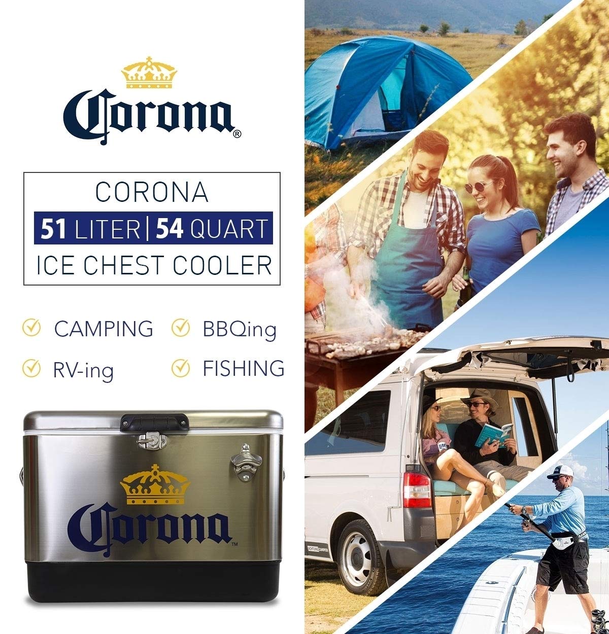Corona Ice Chest Beverage Cooler with Bottle Opener, 51L (54 qt), 85 Can Stainless Steel Portable Cooler, Silver and Black, for Camping, Beach, RV, BBQs, Tailgating, Fishing