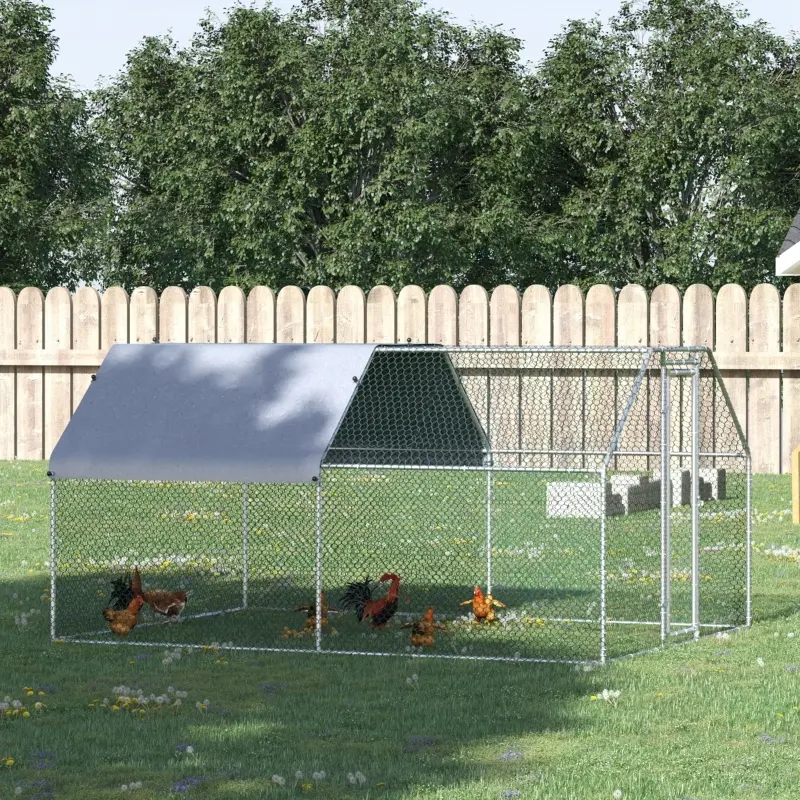 PawHut Large Galvanized Metal Chicken Run Cage Coop with Cover Walk-In Pen Perfect for Outdoor Backyard Use - 9' W x 12' D x 6.5' H