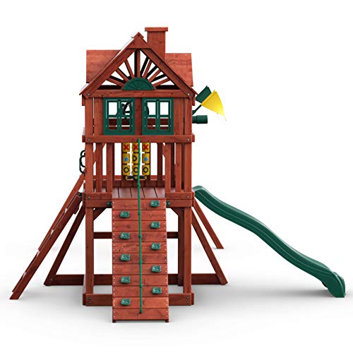 Gorilla Playsets 01-0021 Nantucket II Wooden Swing Set with Wooden Roof, Two Swings, Sliding, Sandbox Area, Rock Walls, Mahogany Color