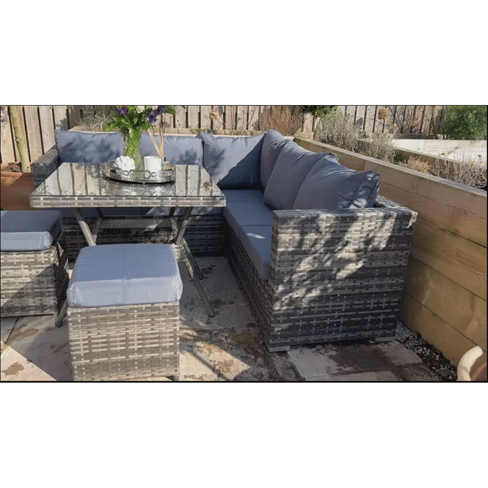 Azkoeesy 7 Seater Rattan Garden Furniture Set Semi-Assembled Rattan Garden Furniture Sets 5 Pieces Corner Sofa Dining Set Wicker Outdoor Patio Sofa Set with Table and Seat Cushions