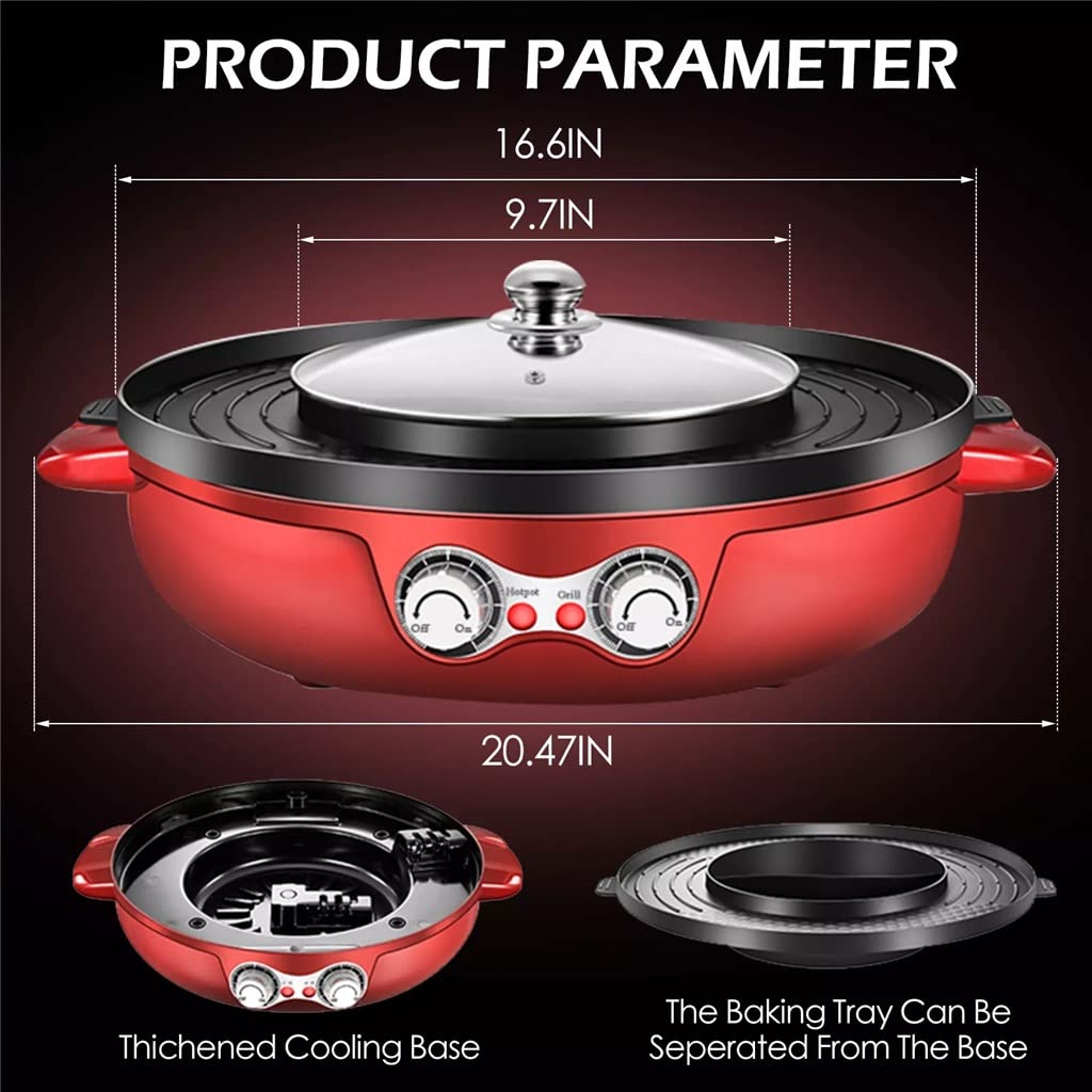 Release 2200W 2 in 1 Electric Smokeless Grill and Hot Pot 110V /220V Split Dual Temperature Control Barbecue Non-Stick Korea BBQ Machine (Color : Red, Size : 54 * 22 * 50cm)