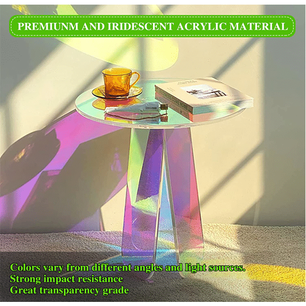 Acrylic side table, clear round glass table, iridescent table can be used as plexiglass table, bedside table, coffee table and dining table