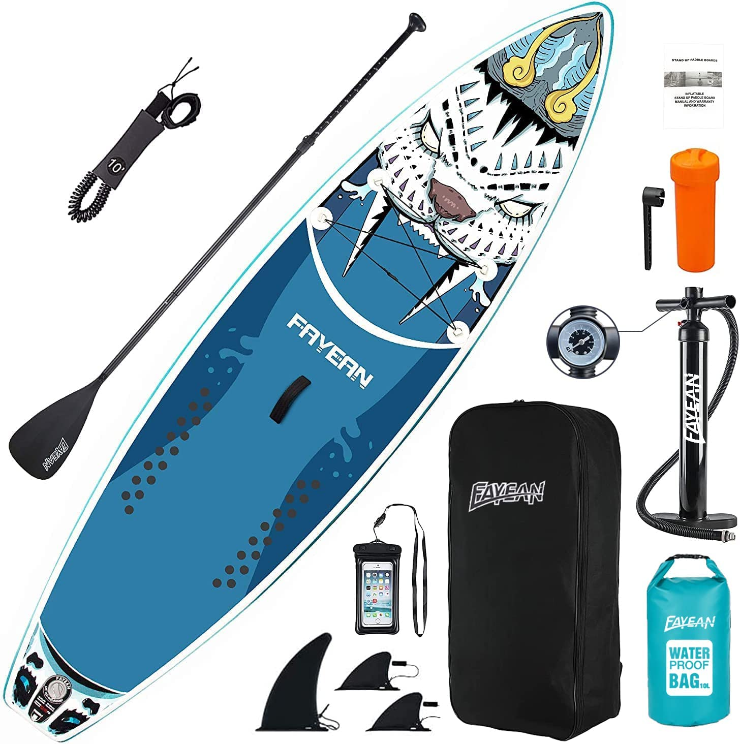 FAYEAN Paddle Board, Inflatable Stand Up Paddle Board SUP Board 10.6' x 33'' x 6'' Lightweight Board Includes Pump, Paddle, Backpack, Coil Strap Waterproof Bag Tiger