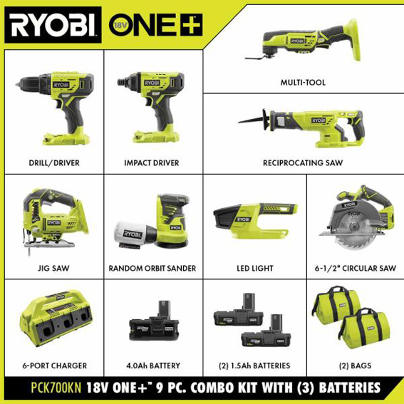 ONE+ 18V Cordless 9-Piece Combo Kit with 3 Batteries and 6-Port SUPERCHARGER