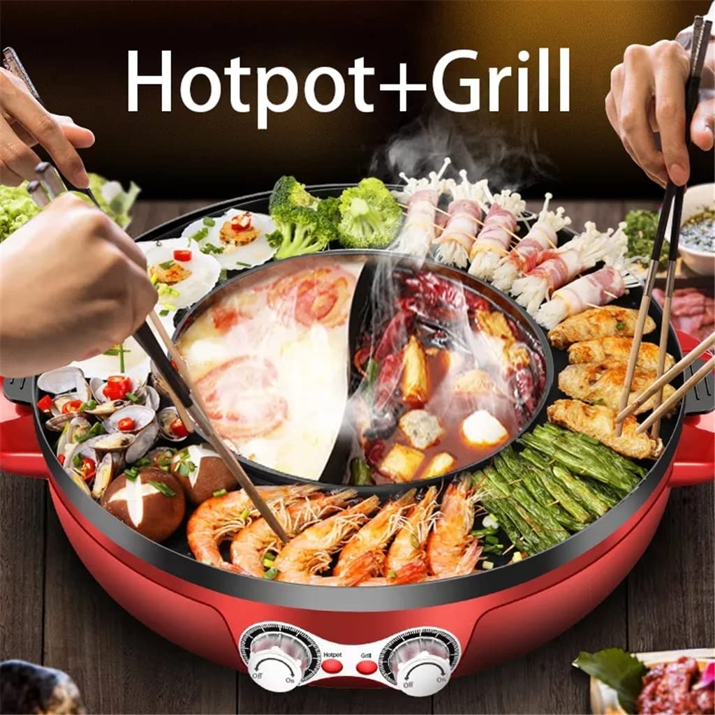 Release 2200W 2 in 1 Electric Smokeless Grill and Hot Pot 110V /220V Split Dual Temperature Control Barbecue Non-Stick Korea BBQ Machine (Color : Red, Size : 54 * 22 * 50cm)