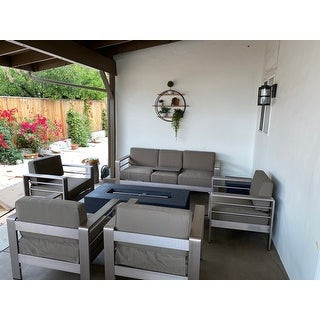 Cape Coral Outdoor 7-seater Chat Set by Christopher Knight Home - Set w/Light Fire Table