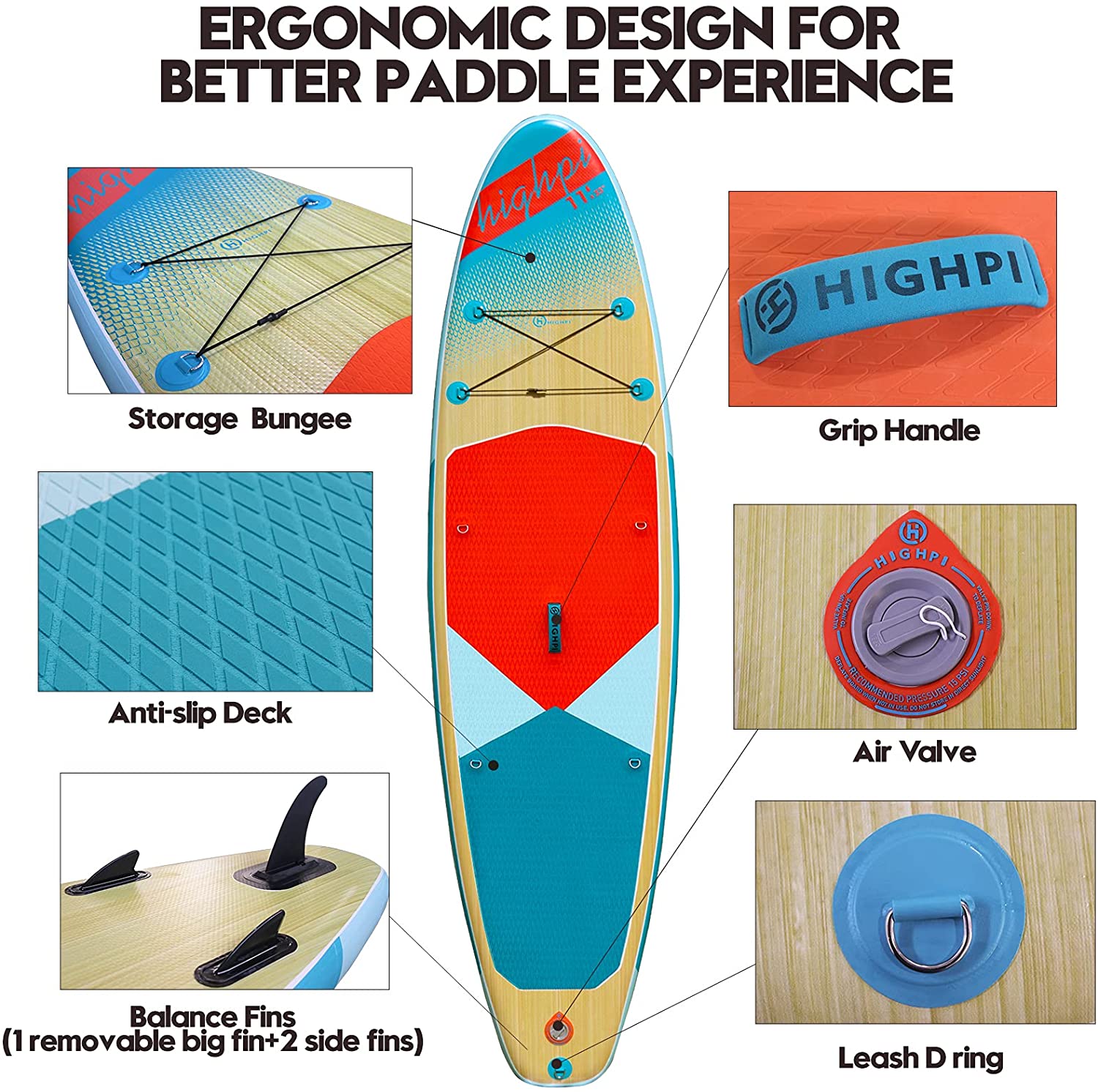 Highpi Inflatable Stand Up Paddle Board 11’x33”x6”W Premium SUP Accessories & Backpack, Wide Stance, Surf Control, Non-Slip Deck, Leash, Paddle and Pump, Standing Boat for Youth & Adult