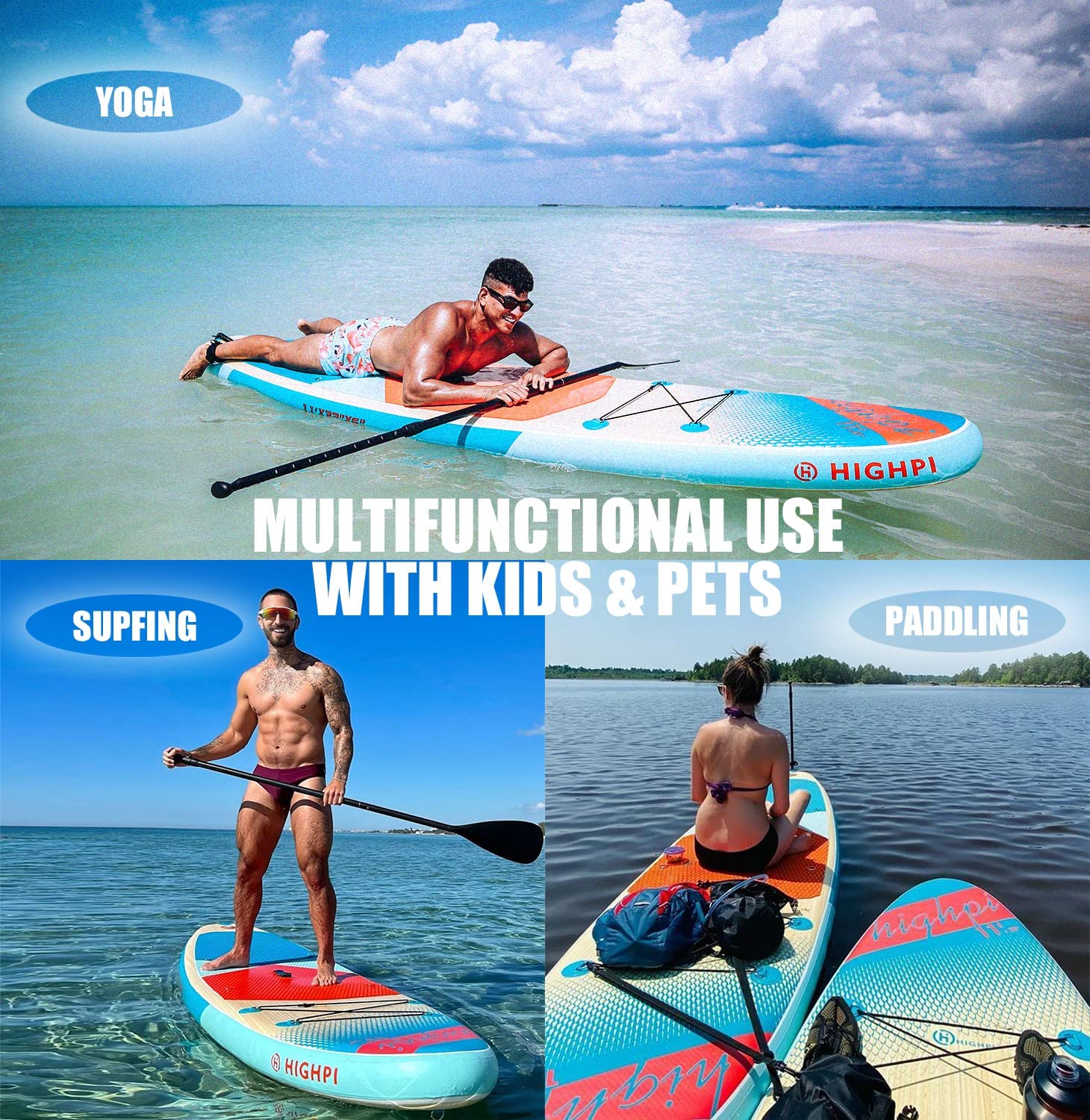 Highpi Inflatable Stand Up Paddle Board 11’x33”x6”W Premium SUP Accessories & Backpack, Wide Stance, Surf Control, Non-Slip Deck, Leash, Paddle and Pump, Standing Boat for Youth & Adult