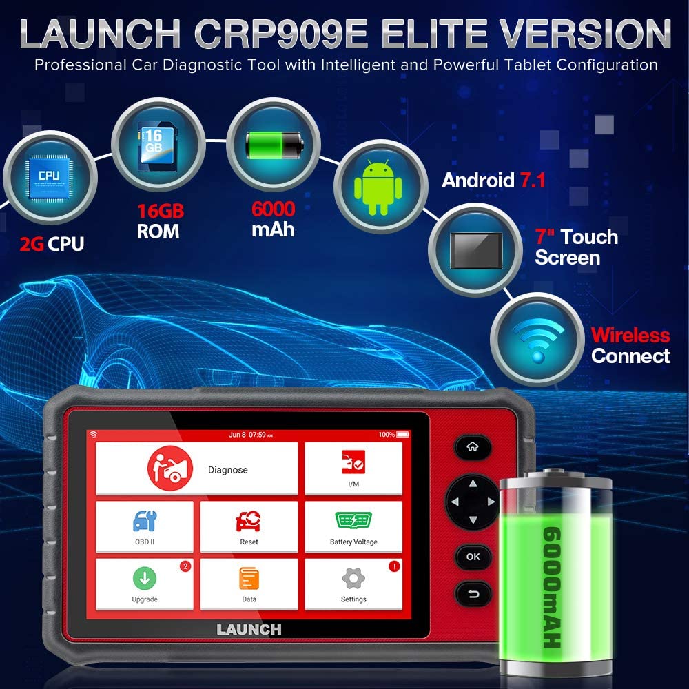 LAUNCH CRP909E Elite Full System OBD2 Scanner,OE-Level Car Diagnostic Scan Tool,26 Reset Service Functions,Key Program,TPMS,SAS,DPF,IMMO,ABS Bleeding, WiFi Free Update,TPMS As Gift