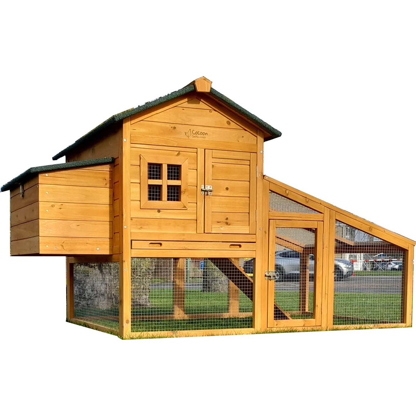 Cocoon CC3190 CHICKEN COOP HEN HOUSE – WIDER THAN THE CC2190 - BEAUTIFUL NEW MODEL WITH INTEGRATED RUN & CLEANING TRAY