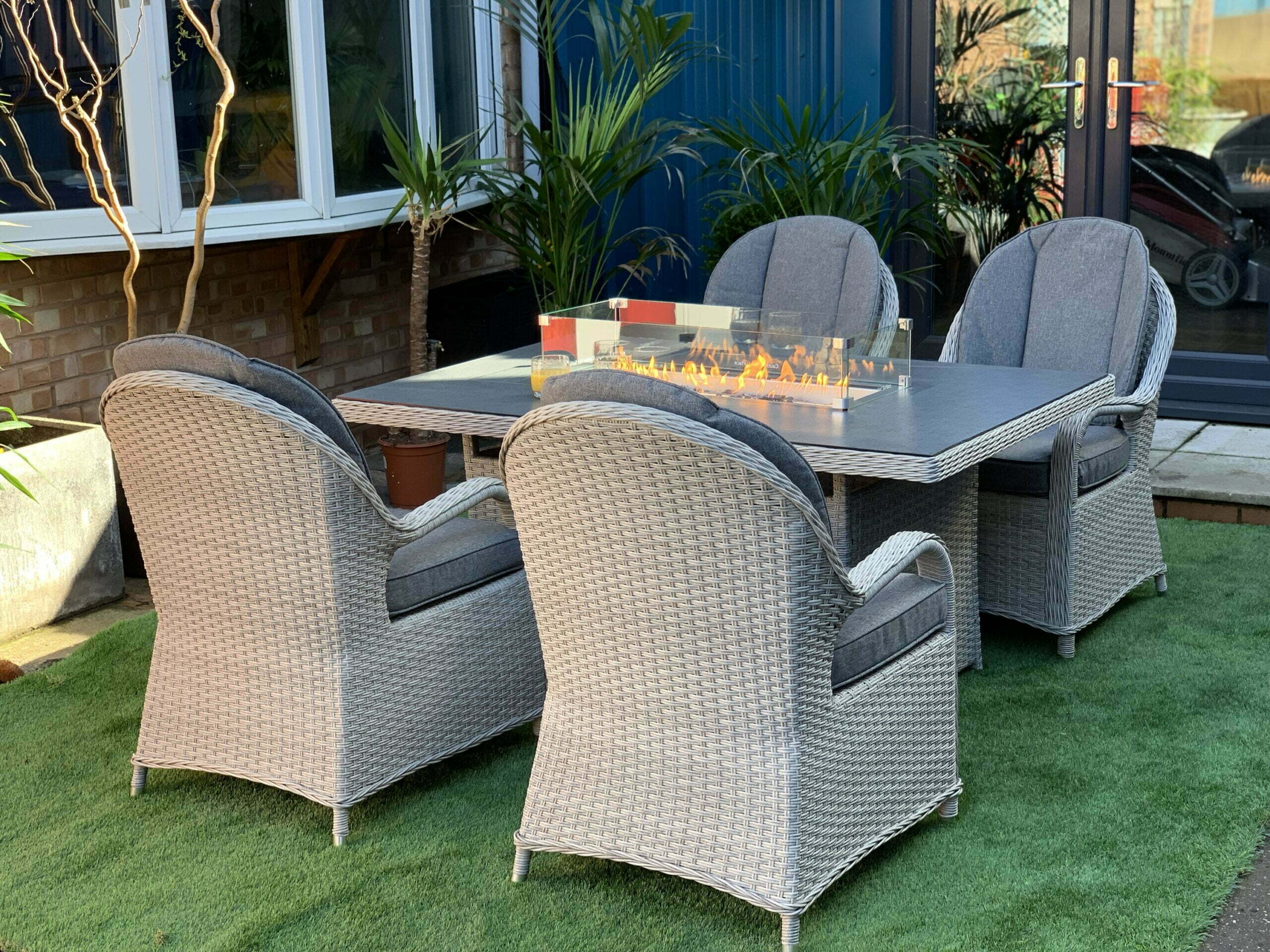 Rattan Firepit Dining Patio Set With 4 Chairs