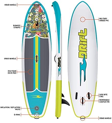 DRIFT Inflatable Stand Up Paddle Board, SUP with Paddle, Backpack Travel Bag, Pump, Fin, & Coiled Leash