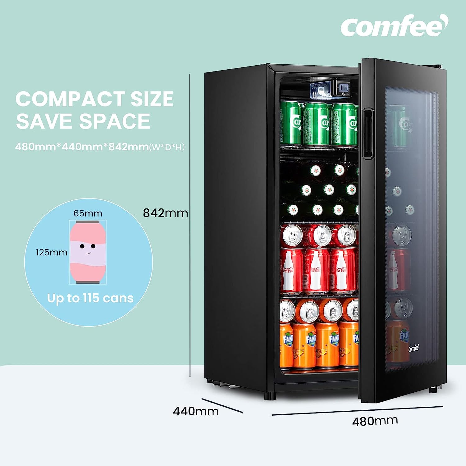 COMFEE' RCZ96BG1(E) Under Counter Beer Fridge, 93L Beverages & Drinks Fridge, LED Light, Removable Shelves, Economic Energy [Energy Class F]