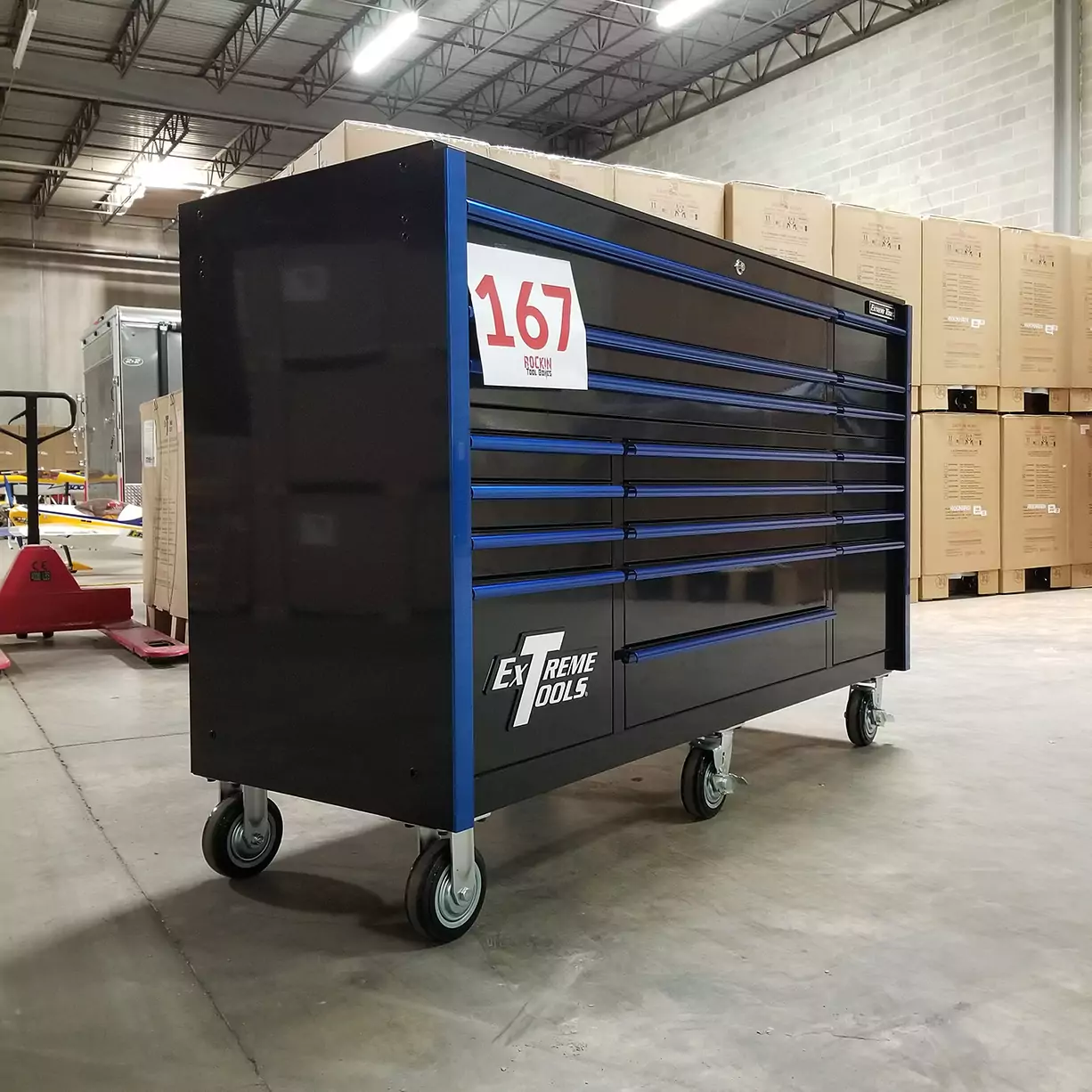 Used Toolbox Showroom Demo, Extreme Tools RX Series 72 19 Drawer 25 Deep Roller Cabinet, Black Blue