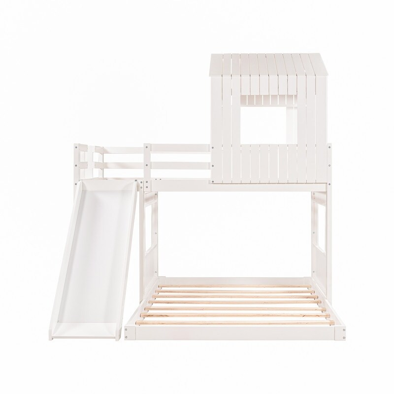 AOOLIVE Wooden Twin Over Full Bunk Bed with Playhouse,White