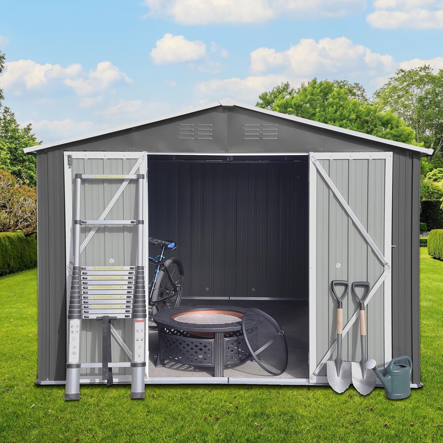 BIRCHTREE Garden Shed Metal Peak Roof 10ft X 8ft Outdoor Storage Room with Free Base Gray