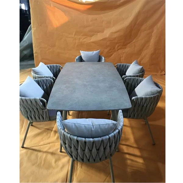 7 Pieces Outdoor Dining Set with Faux Marble Top & Aluminium Table and Rope Woven Chair