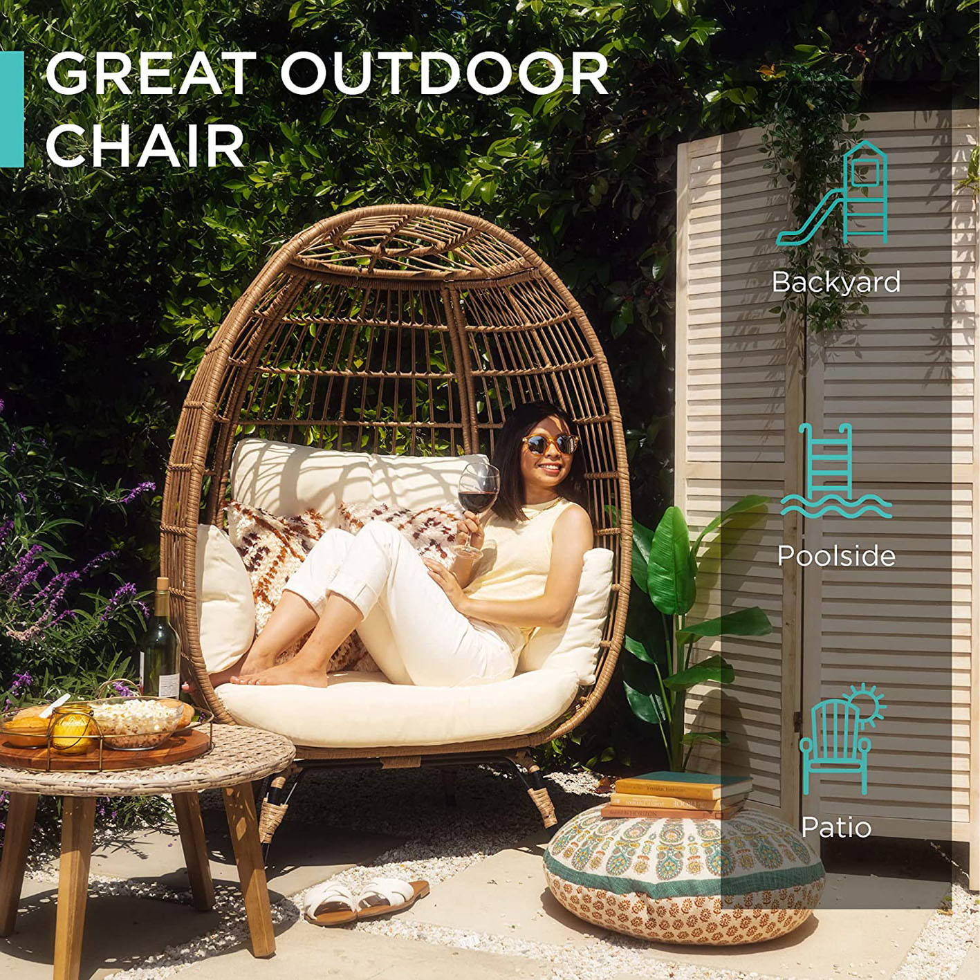 Best Choice Products Wicker Egg Chair, Oversized Indoor Outdoor Lounger for Patio, Backyard, Living Room w/ 4 Cushions, Steel Frame, 440lb Capacity