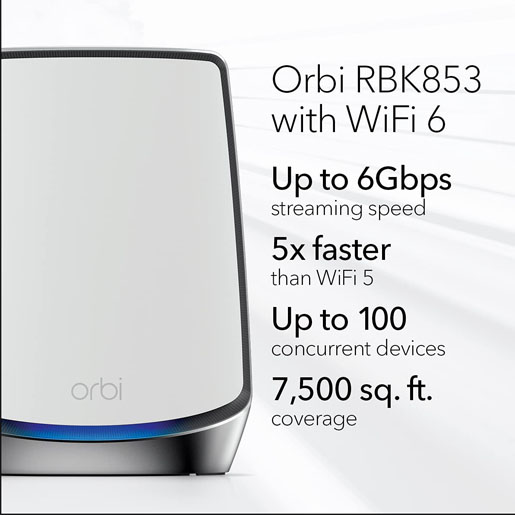 NETGEAR Orbi Whole Home Tri-band Mesh Wi-Fi 6 System (RBK853) – Router with 2 Satellite Extenders, Coverage Up to 7,500 Square Feet, 100 Devices, AX6000 (Up to 6Gbps)