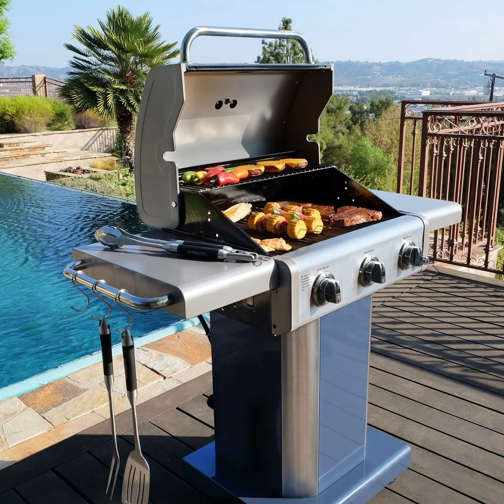 Kenmore 3 Burner Pedestal Grill with Foldable Side Shelves - product size:1298*613*1145mm