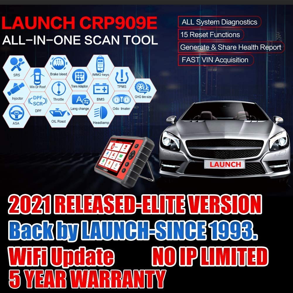 LAUNCH CRP909E Elite Full System OBD2 Scanner,OE-Level Car Diagnostic Scan Tool,26 Reset Service Functions,Key Program,TPMS,SAS,DPF,IMMO,ABS Bleeding, WiFi Free Update,TPMS As Gift