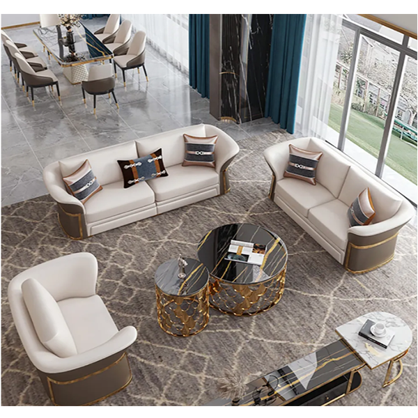 Modern Faux Leather Living Ro om Sofa Set in Brown & White Set of 3