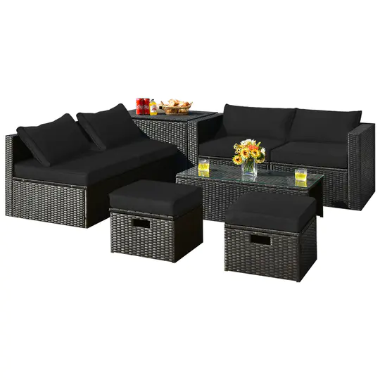 Patiojoy 8PCS Rattan Patio Furniture Set Storage Table Ottoman Black HW68605DK+