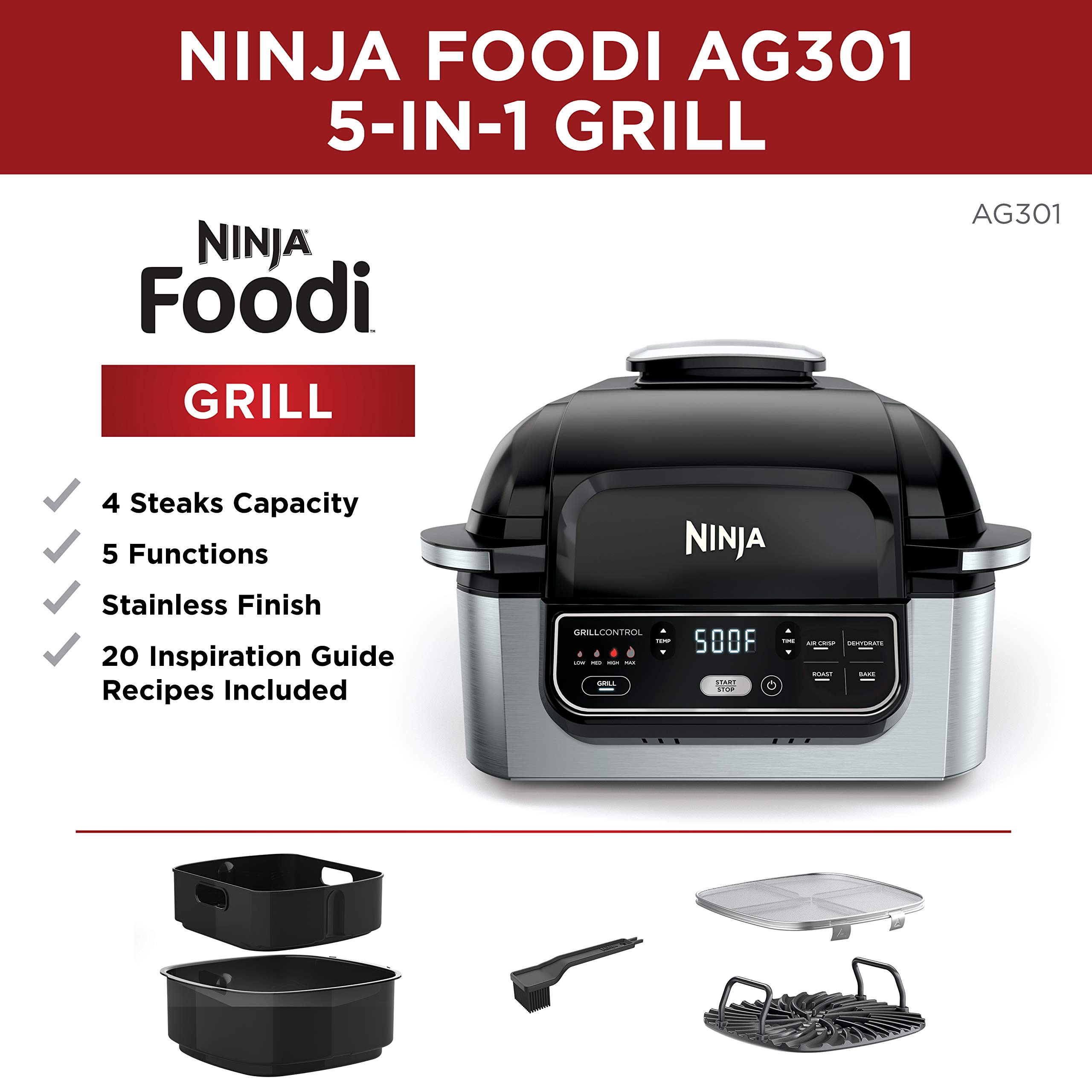 Ninja Foodi 5-in-1 Indoor Grill with Air Fry, Roast, Bake & Dehydrate (AG302), Black and Silver