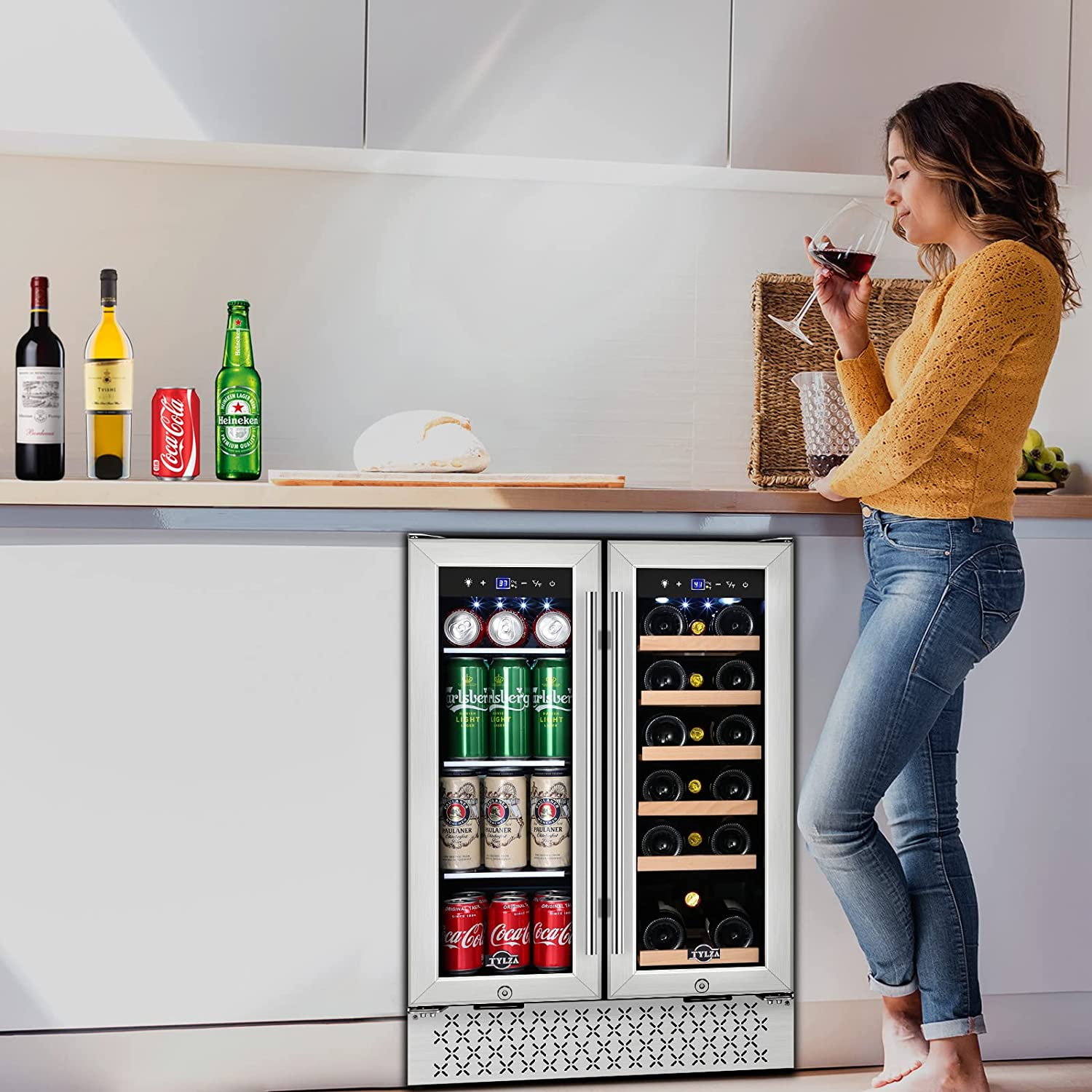 TYLZA Wine and Beverage Refrigerator, 24 Built-in Dual Zone Wine and Beverage Cooler, Wine Beer Cooler with Memory Temperature Control Undercounter Refrigerator
