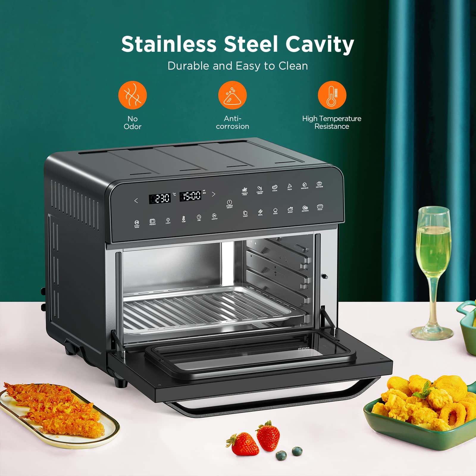 25L Convection Oven, Digital Countertop Convection Mini Oven,12 in 1 Multi-function Air Fryer Toaster Oven Combo, Electric Oven, Stainless Steel Pizza Oven, Roast, Bake & Dehydration, 1800W, Black