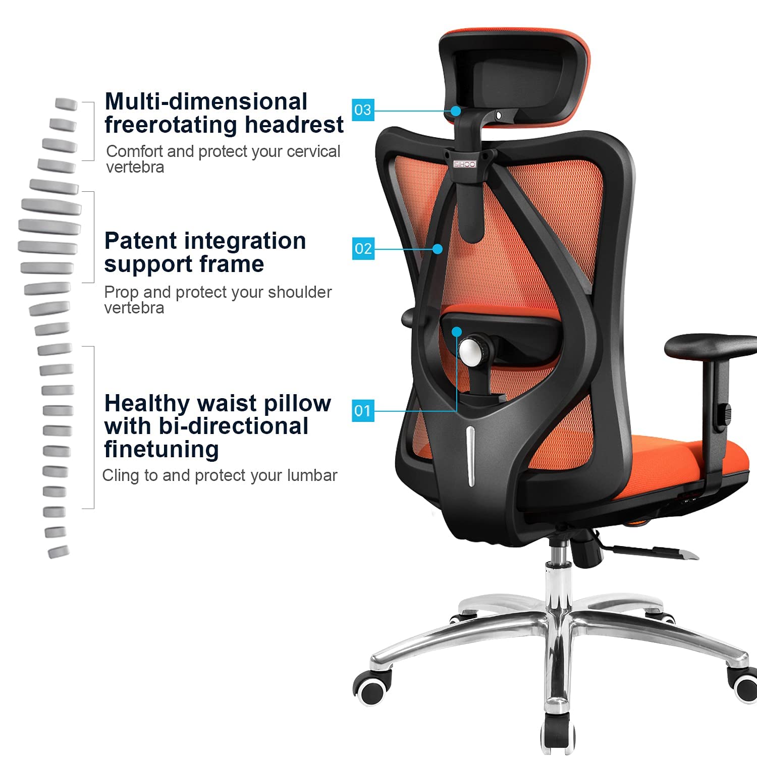 SIHOO Office Desk Chair, Ergonomic Computer Office Chair with Adjustable Headrest and Lumbar Support,High Back Executive Swivel Chair