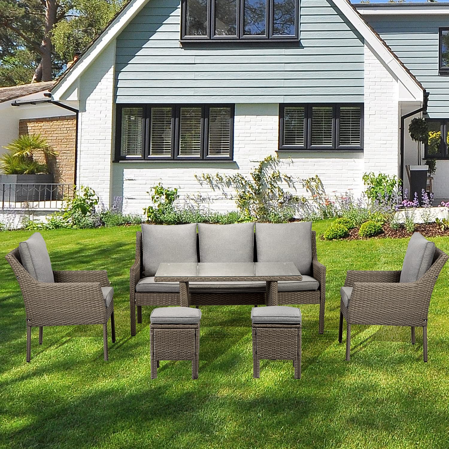 Rattan Garden 7 Seat Dining Furniture Set, Outdoor Patio Wicker Conservatory Furniture Sofa with Armchairs,Ottomans, Dining Table with Tempered Glass Brown