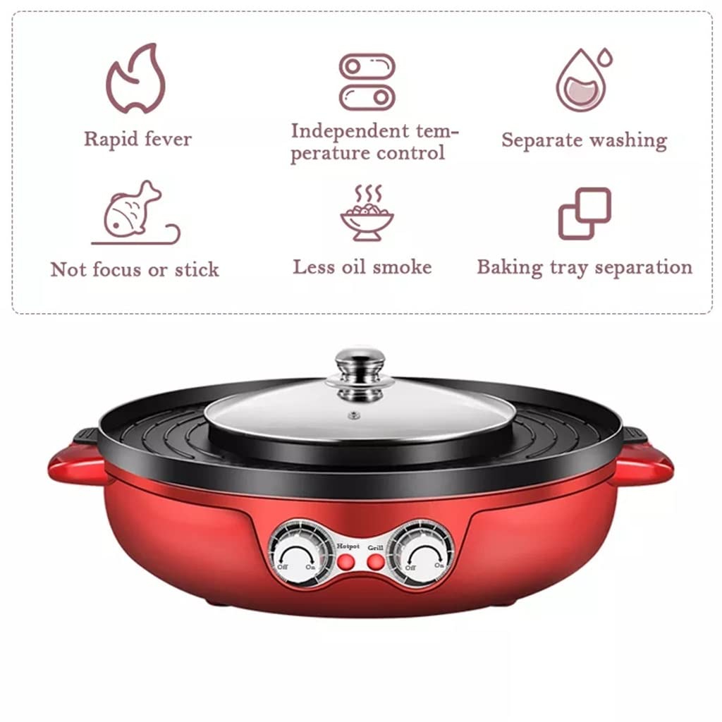 Release 2200W 2 in 1 Electric Smokeless Grill and Hot Pot 110V /220V Split Dual Temperature Control Barbecue Non-Stick Korea BBQ Machine (Color : Red, Size : 54 * 22 * 50cm)